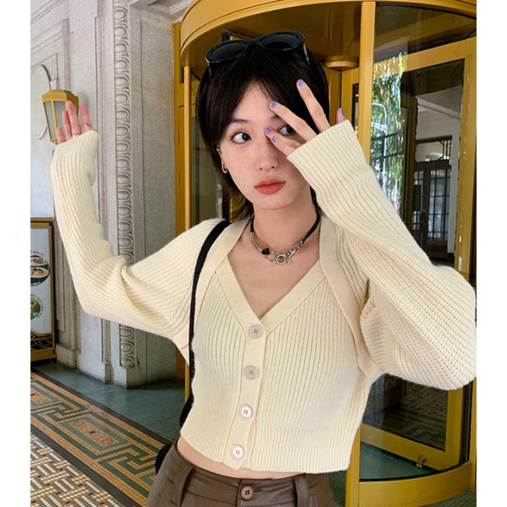 Áo sweater dệt kim tay dài giả hai lớp phong cách retro kiểu mới cho nữ