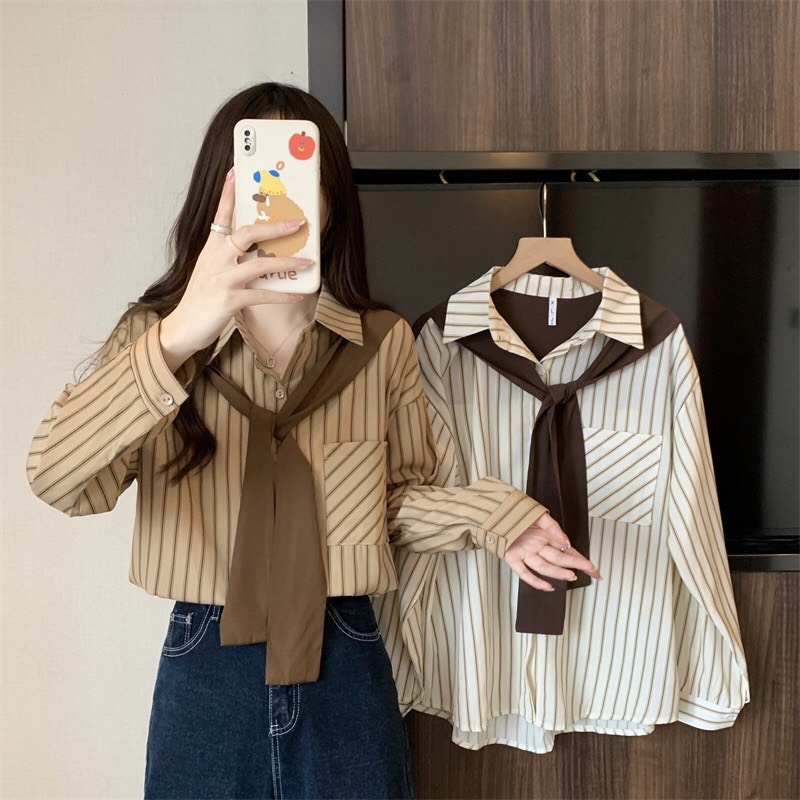 Áo sơ mi dài tay form rộng họa tiết kẻ sọc Áo kiểu quàng khăn dáng dài đơn giản phong cách hàn quốc
