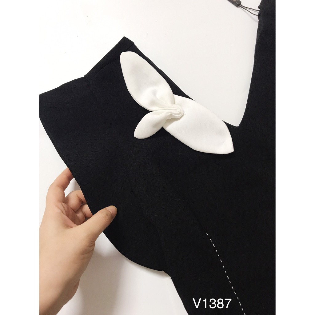 Váy đen suông nơ trắng V1387 - Đẹp Shop DVC (Kèm ảnh thật trải sàn do shop tự chụp)