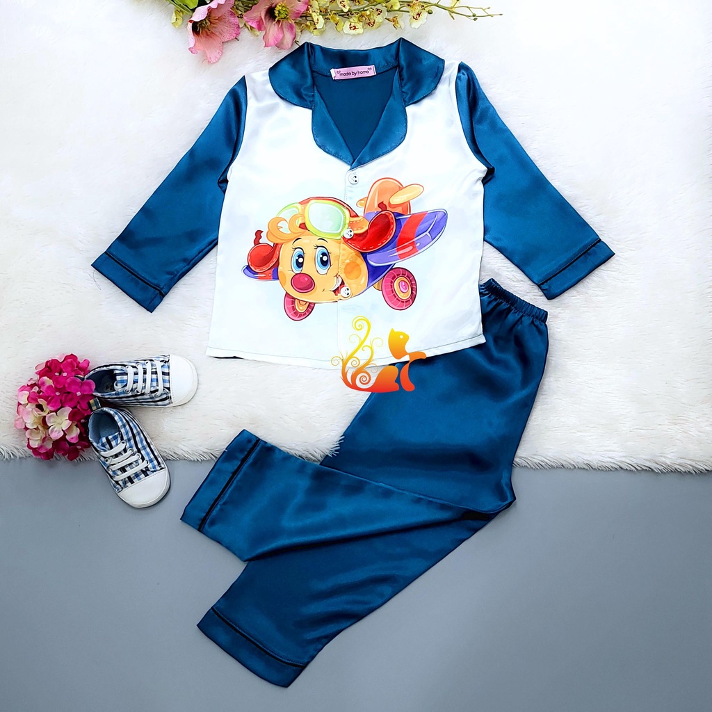 Bộ Đồ Pijama Phi Lụa "Hình Máy Bay" Tay Dài Cho Bé - Từ 12kg - 42kg.