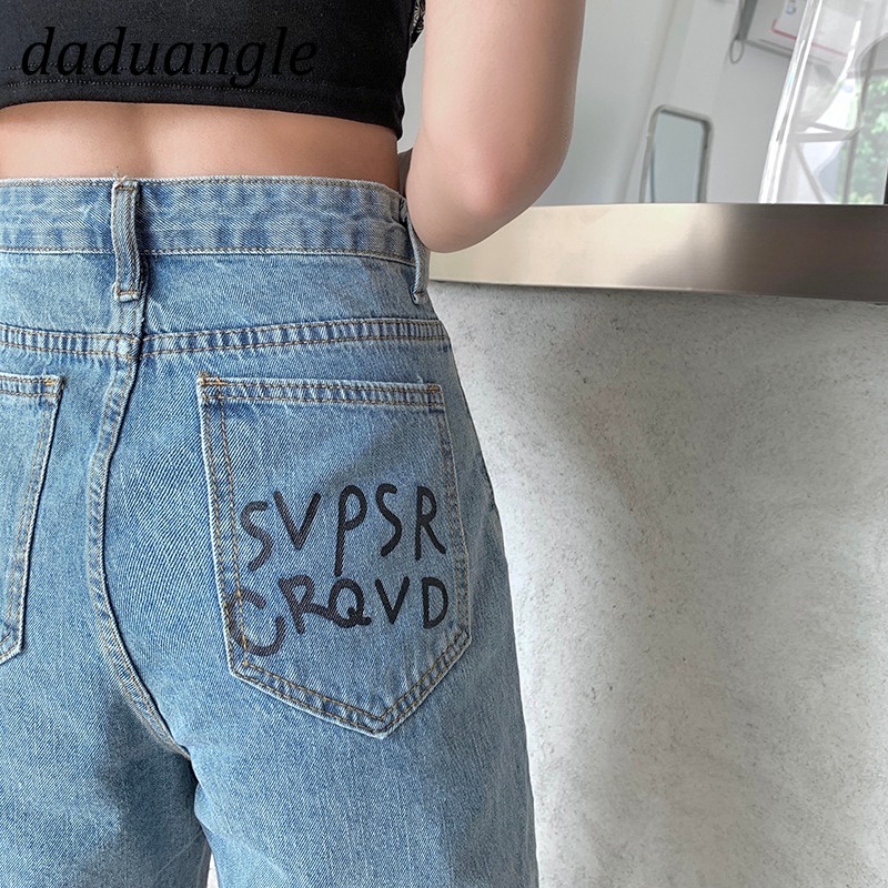 Quần ngắn daduhey vải denim thiết kế eo cao ống rộng họa tiết rách thời trang dành cho nữ