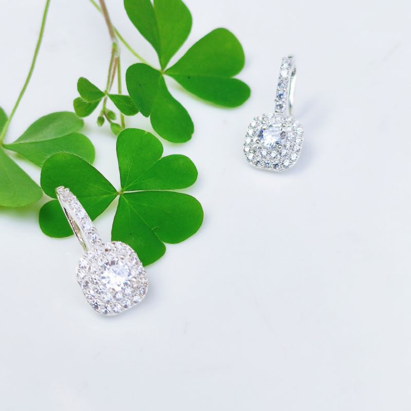 Bông tai bạc Bồng mặt vuông nạm đá sang chảnh Van Jewelry V10745