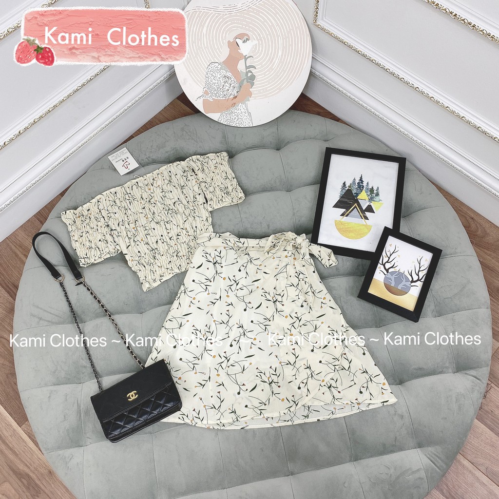 Set áo croptop hoa trễ vai chun và chân váy vạt chéo 2 lớp Ulzzang Quảng Châu - Kami Clothes | BigBuy360 - bigbuy360.vn