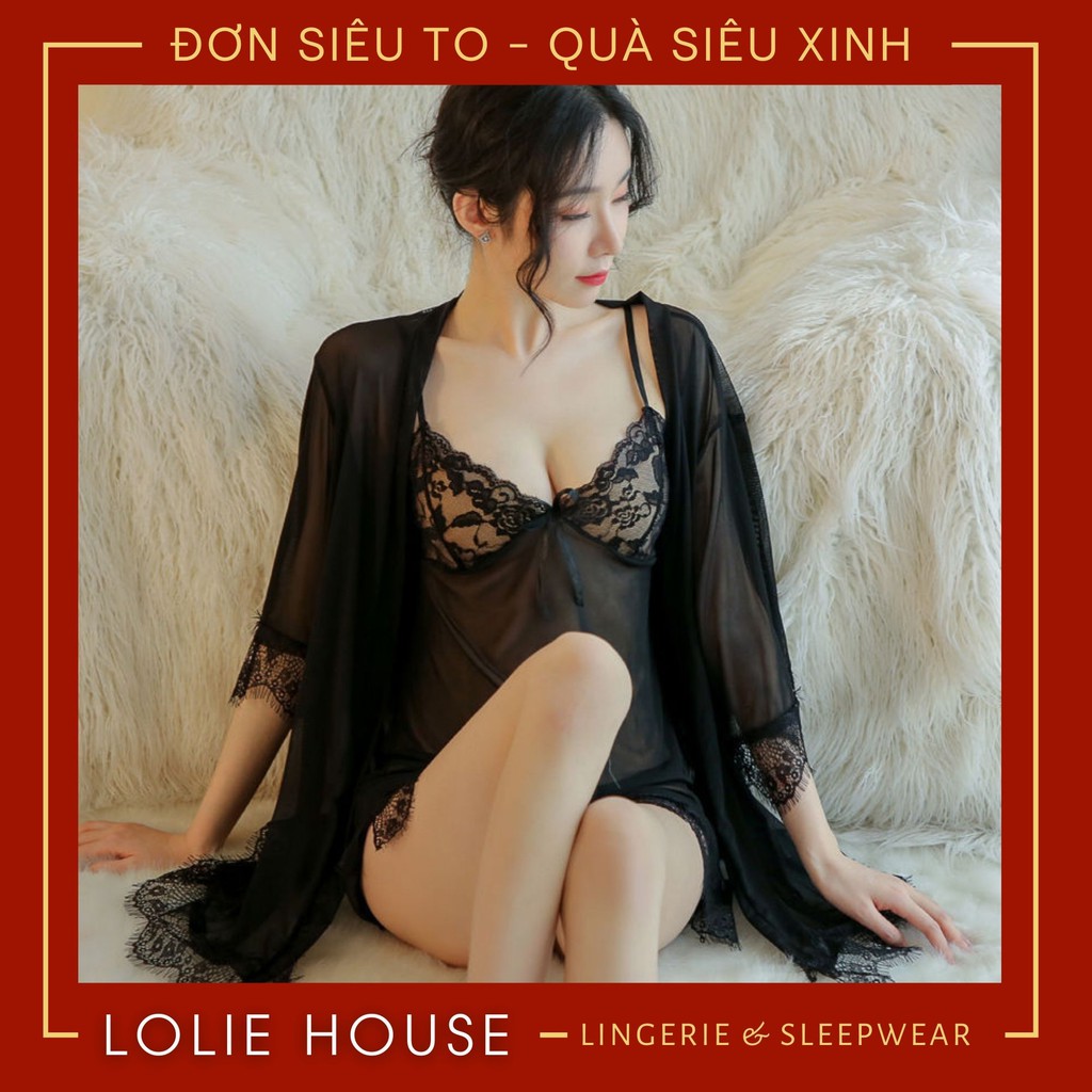 Váy ngủ sexy - Đầm ngủ sexy ren voan mỏng có kèm áo choàng thắt dây LOLIE HOUSE - VN2