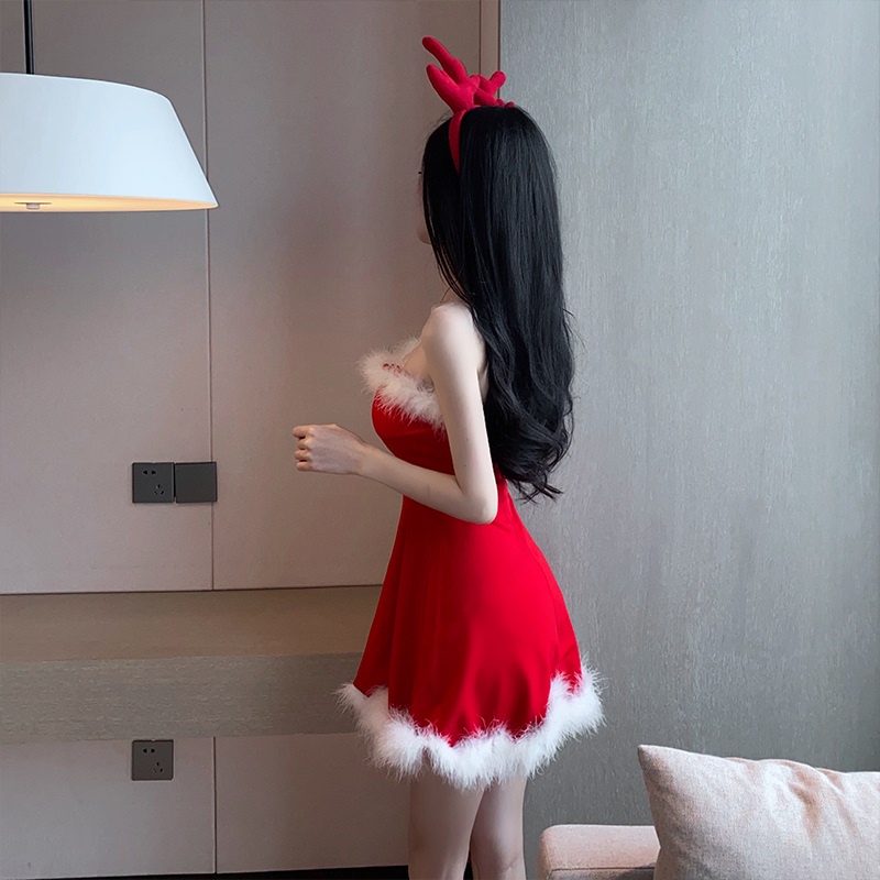 Đầm 2 dây đỏ trong suốt tết giáng sinh noel xuân lông cổ chữ V sexy hở vai lưng váy ngắn xòe eo thon ulzzang