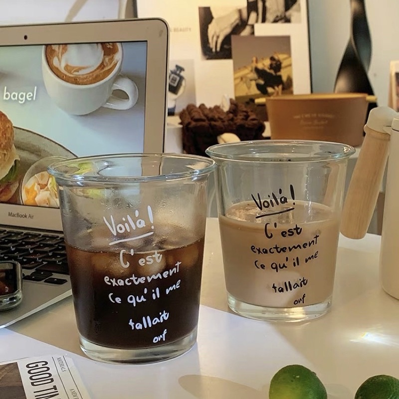 Cốc Thuỷ Tinh Miệng Loe dáng Thấp in chữ Pháp, Ly Thuỷ Tinh dày dặn uống nước, pha cà phê