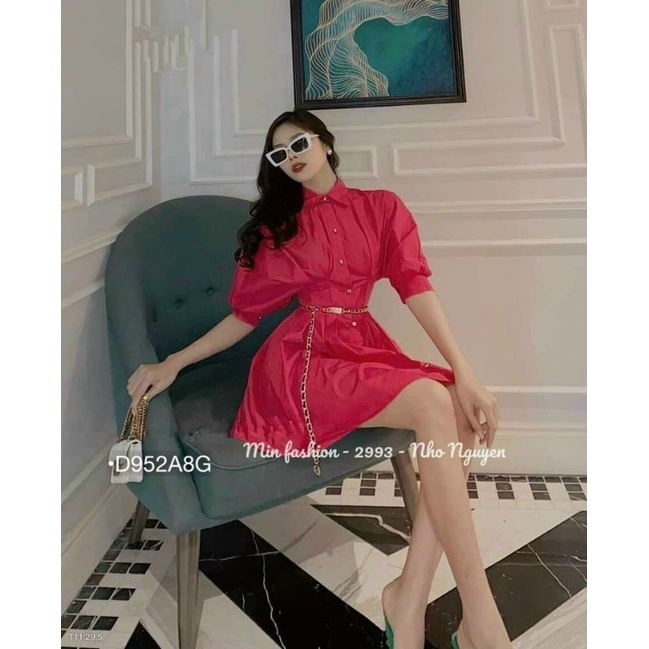 Đầm Sơ Mi Nữ Dáng Xòe Tay Bồng Xếp Ly Eo Vải Thô Mát Thời Trang Đi Tiệc Công Sở Thanh Lịch Bebedoll