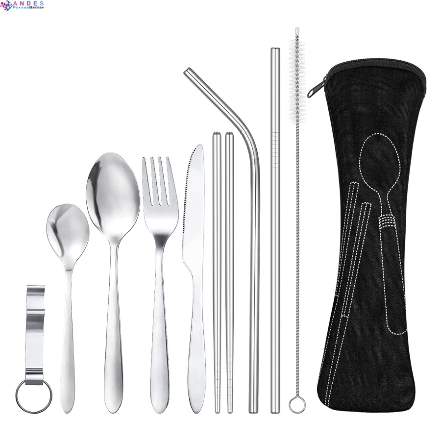 Set 7 món dụng cụ ăn uống bằng thép không gỉ kèm ống hút nhỏ gọn tiện dụng cho văn phòng/ trường học