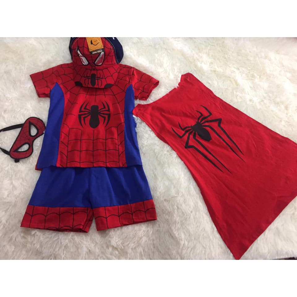 Bộ siêu nhân nhện 4 chi tiết Quần áo, áo choàng và mặt nạ chất cotton 4c thoáng mát