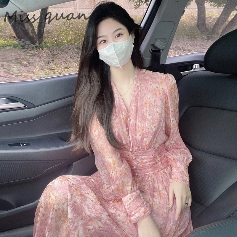 Đầm Chiffon Tay Dài Cổ Chữ V In Họa Tiết Vintage Thời Trang Mùa Hè Hàn Quốc 2022