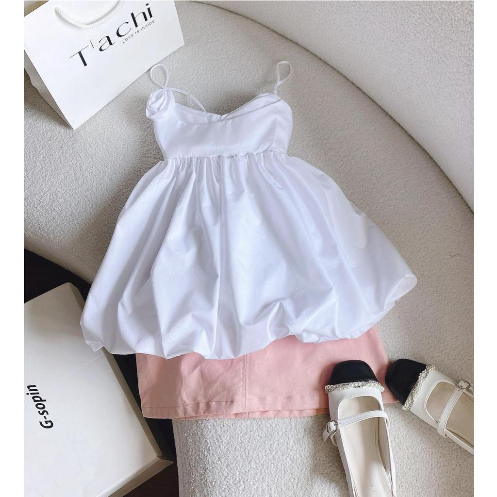 SET ÁO BABYDOLL TRẮNG ĐÍNH TAG NƠ + CHÂN VÁY HỒNG