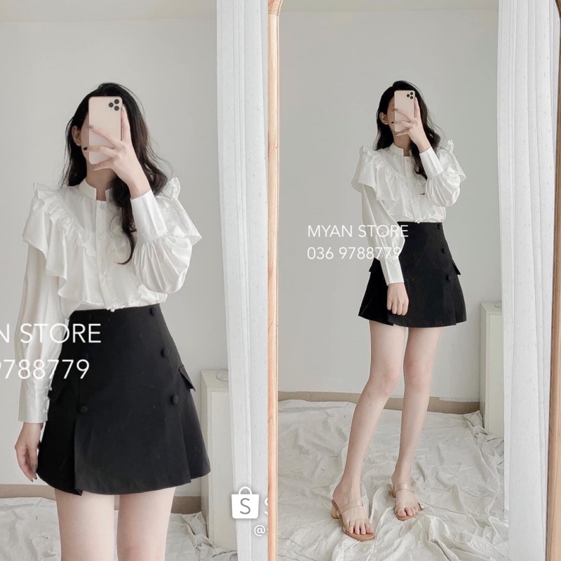 Bộ công sở áo sơ mi bèo tầng chân váy chữ A