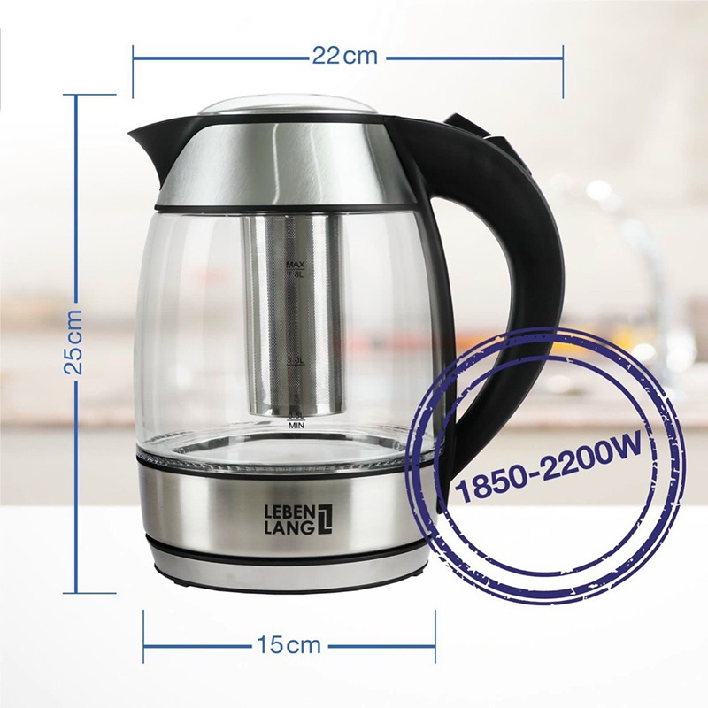 Ấm Siêu Tốc Có Đèn LED Kèm Lõi Lọc Trà Inox Lebenlang Dung Tích 1.8L Thiết Kế Hiện Đại Thuỷ Tinh