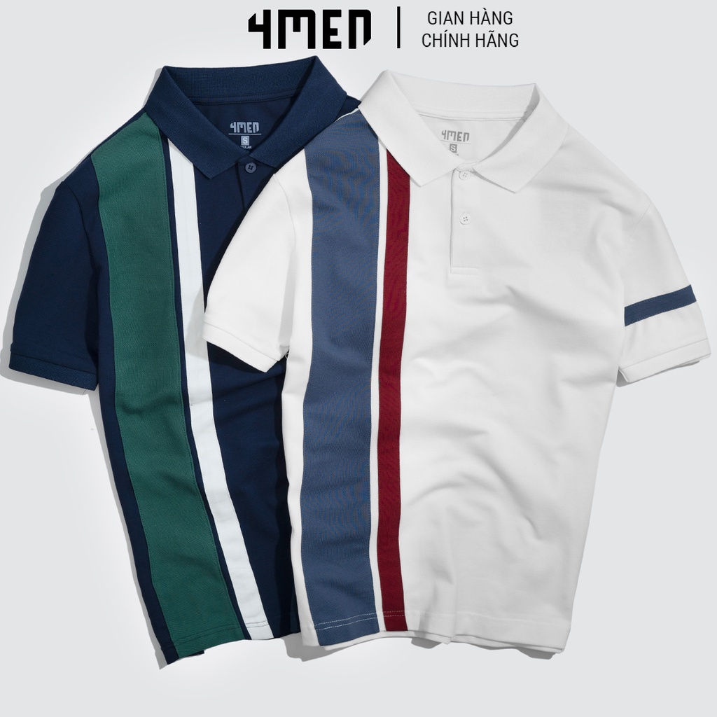 Áo thun polo nam có cổ 4MEN PO041 cổ trụ bẻ, ngắn tay, form suông, vải cá sấu cotton cao cấp phối sọc độc đáo