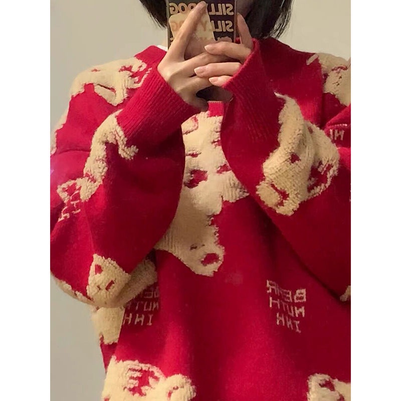 Áo Khoác Sweater Dệt Kim Màu Đỏ Năm Mới In Hình Hổ Con Phong Cách Năm Mới Cho Cặp Đôi