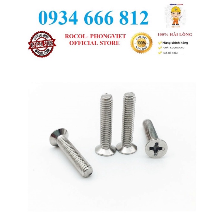 Set 50 cái và 10 cái M6 vít pake đầu bằng thân bulong inox201 M6