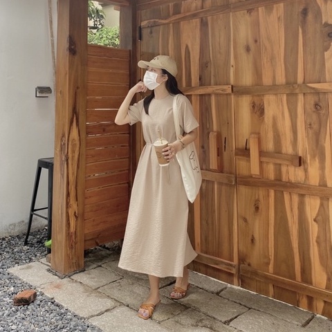 Váy nữ dáng suông dài vintage Linly Store thắt eo form rộng V-TS