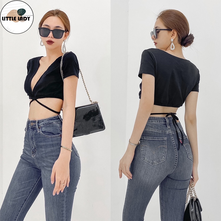 Áo Croptop Cổ V Kiểu Khoét Ngực Bigsize Dưới 70Kg Cột Dây Eo "V"