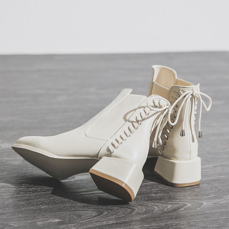 Boots Nữ, Giày Martin Buộc Dây Gót Cao ~ 5 Phân Thời Trang Màu Đen/Trắng