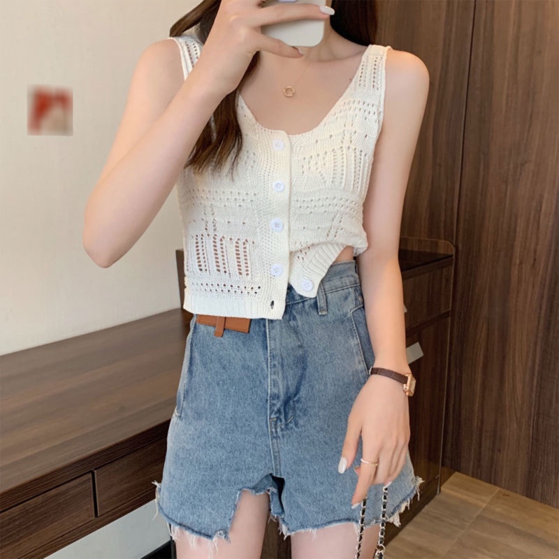 Áo Croptop Dệt Kim Sát Nách Cài Nút Thời Trang Đi Biển Cho Nữ