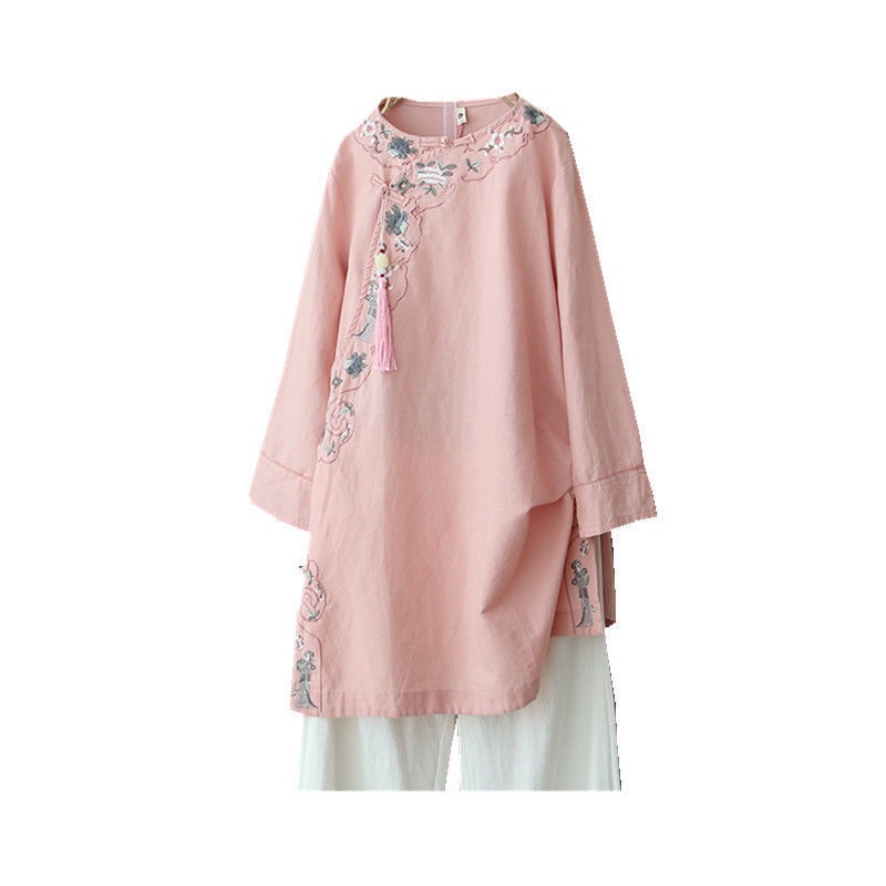 Set quần áo vải cotton lanh dài tay cổ tròn thêu họa tiết phong cách Trung Hoa cổ điển thời trang cho nữ