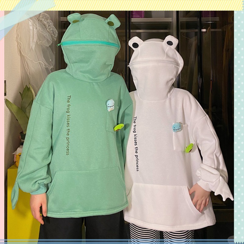 Áo hoodie lông cừu dày mềm mại giữ ấm mùa đông dáng rộng có nón trùm đầu hình chú ếch