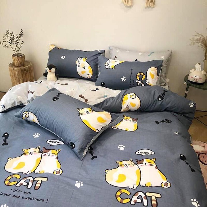 Bộ chăn ga gối , drap giường chất cotton poly họa tiết mèo vàng