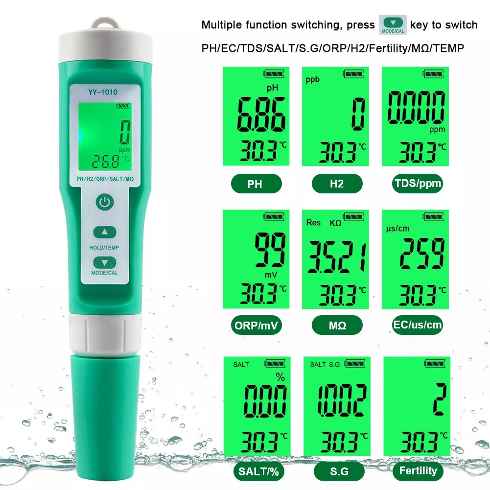 Bút đo pH 10 trong 1, pH/TDS/EC/Salinity/TEMP/S.G/ORP/H2/Fertility/Resistivity, Water quality tester