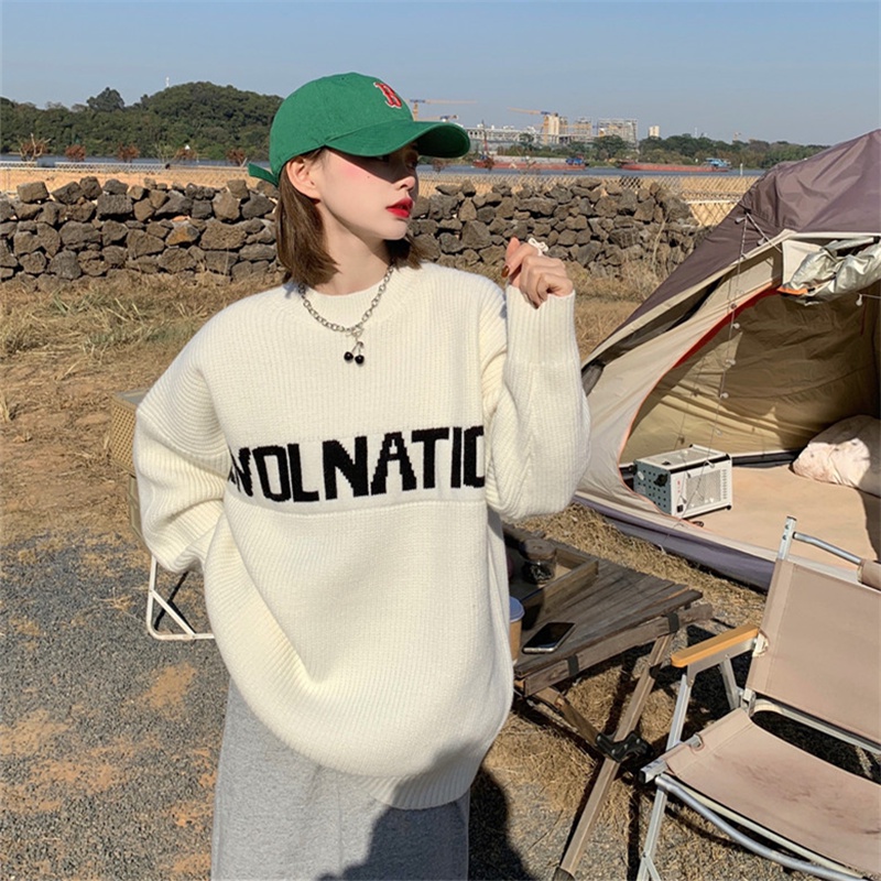Áo sweater Pure Cube dệt kim cổ cao dáng rộng in chữ kiểu Hàn Quốc thời trang mùa đông mới cho nữ