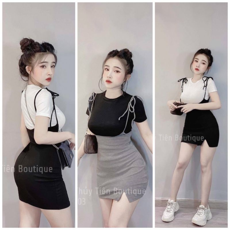 Set Áo Thun Tay Ngắn Cổ Tròn Và Váy Yếm Hai Dây Cột Nơ Trẻ Trung Năng Động