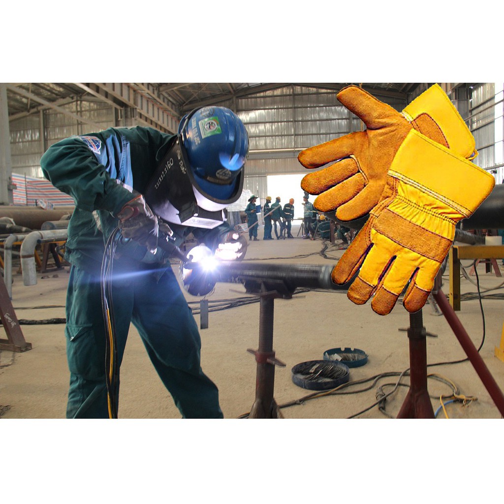Găng tay da thợ hàn CMART - Găng tay da bò 2 lớp cổ ngắn - Dụng cụ bảo hộ lao động