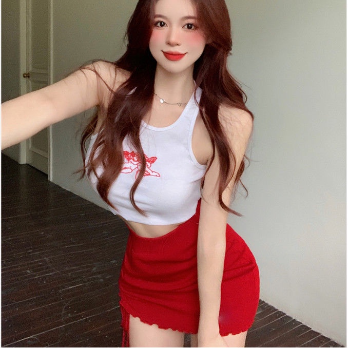 Fashion suit sweet hot girl pure want to hang neck sling small vest women's dress with high waist and short skirt in summer two-piece set