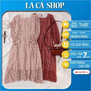 Váy hoa nhí dài tay vintage cổ vuông phong cách Hàn Quốc