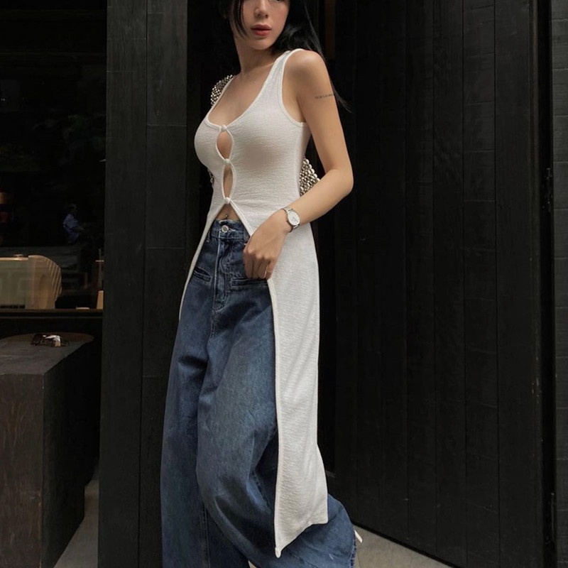 Đầm Hai Dây Cổ Chữ U Khoét Sâu Phối Hàng Nút Thời Trang Mùa Hè Quyến Rũ Cho Nữ