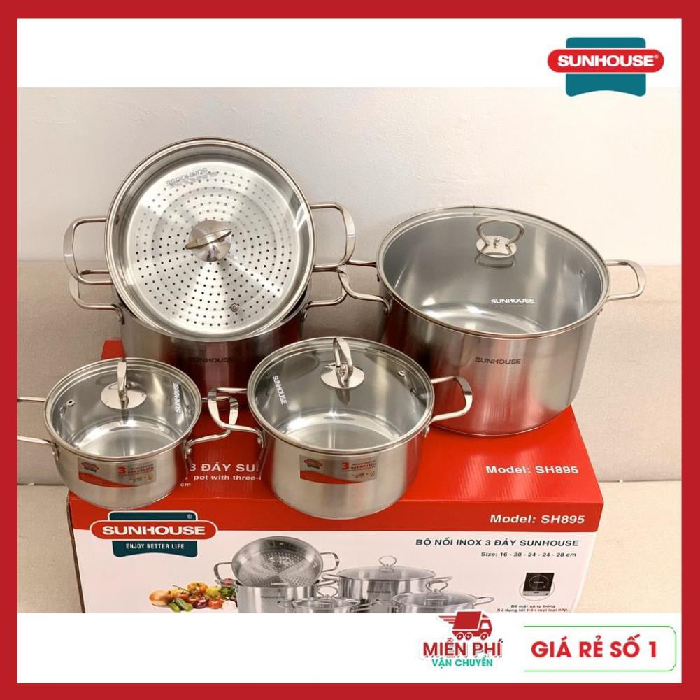Bộ nồi inox 3 đáy 4 nồi + 1 xửng hấp  Sunhouse SH895, bộ nồi Sunhouse 3 đáy, dùng cho bếp từ.