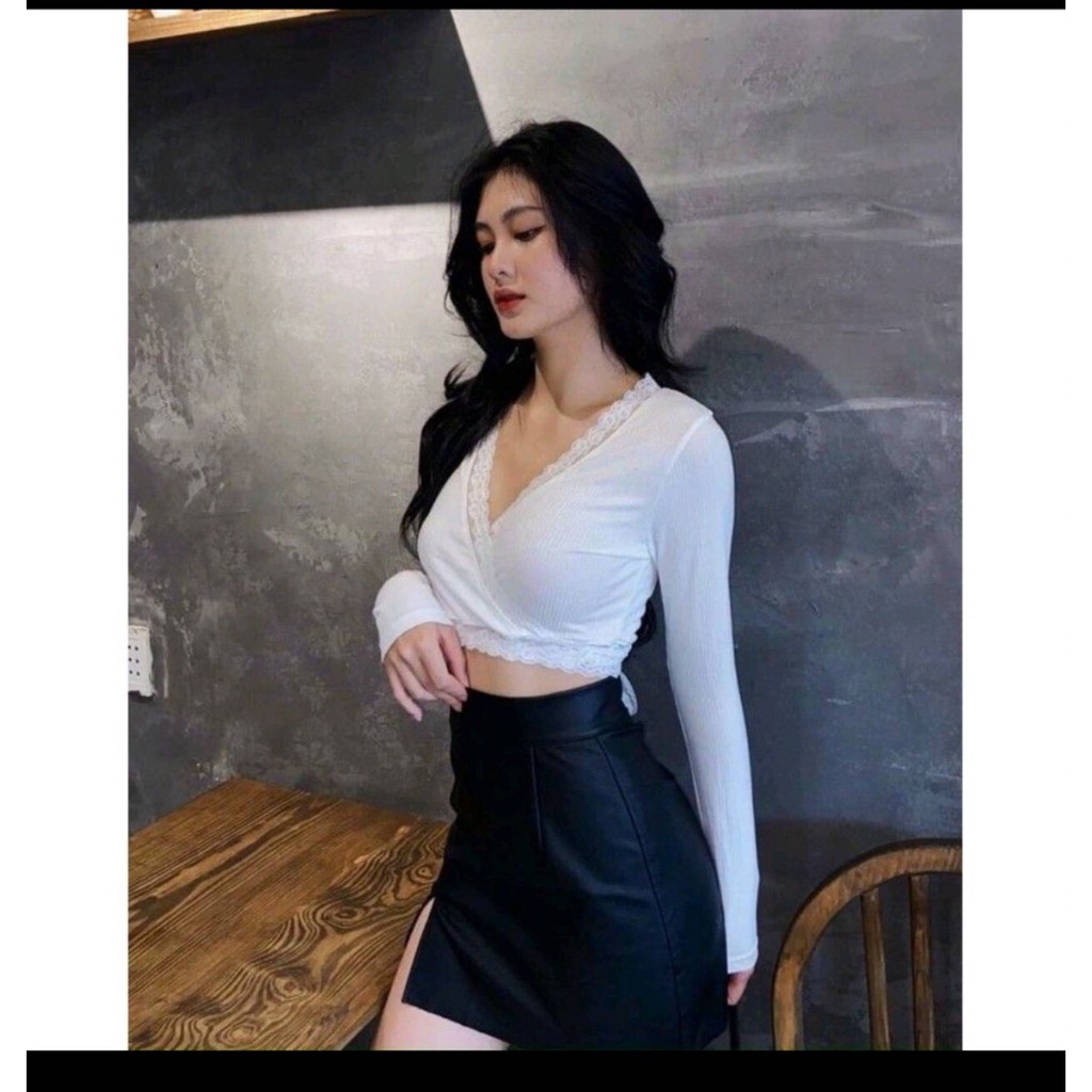 Áo croptop  ÁO  MỚI  Áo thun nữ tay dài CỔ TIM VIỀN REN thời trang
