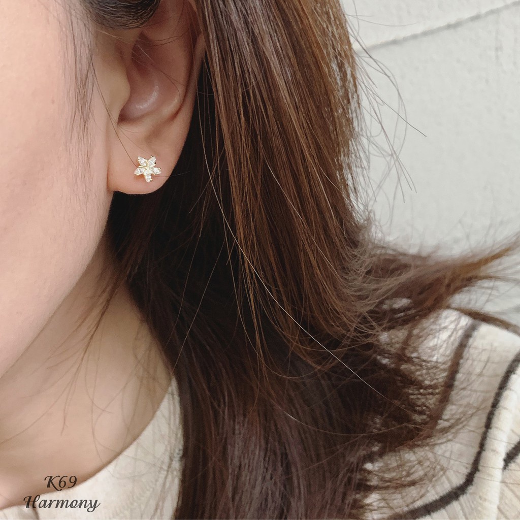 Khuyên tai nữ bạc 925 hình anh đào đính đá 2 màu xi bạch kim và vàng Sakura | HARMONY ACCESSORIES K69