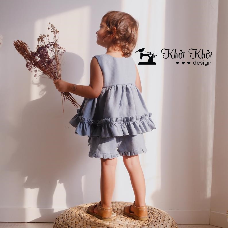 [HÀNG MAY THEO ĐƠN] BABY LINEN Em bé phong cách phương Tây mùa hè vải linen xù lông váy ngắn xếp li quần đùi hai mảnh