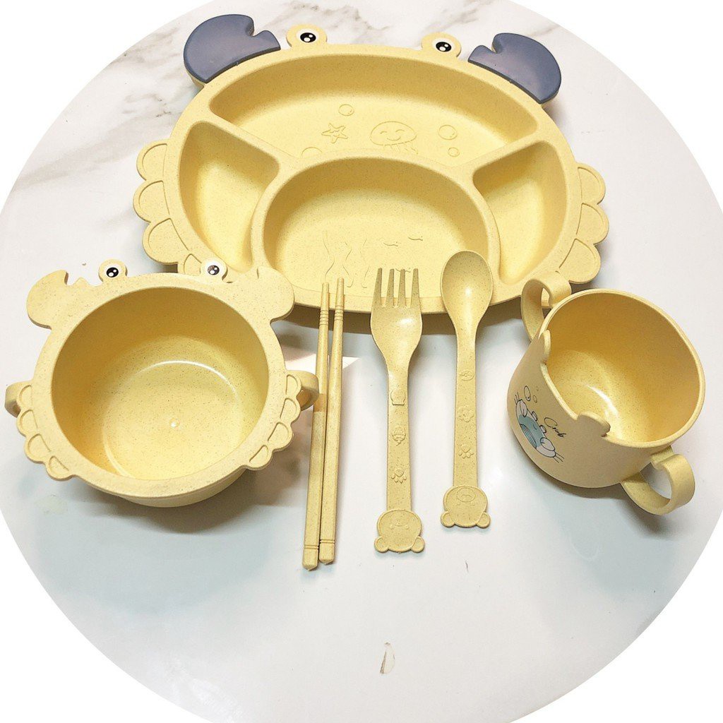 Set 6 Món Ăn Dặm Kiểu Nhật Hình Cua Vàng Cho Bé, Set Full Phụ Kiện Ăn Dặm Cho Bé Yêu