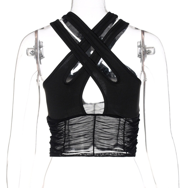 Áo Crop Top Lưới Xếp Ly Đan Dây Chéo Không Tay Gợi Cảm Phong Cách Harajuku Mùa Hè Cho Nữ