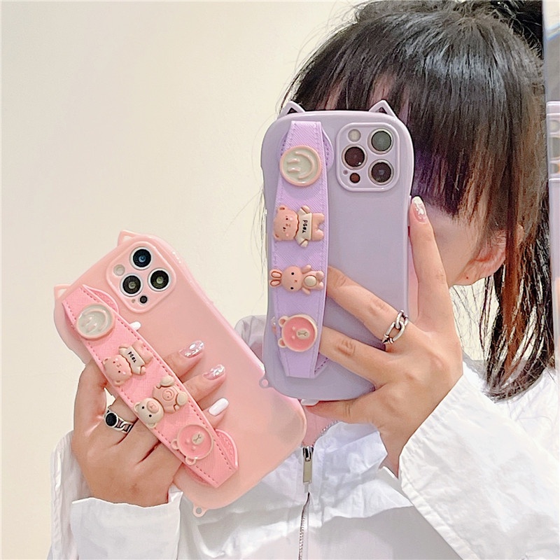Ốp điện thoại mềm hình tai gấu 3D có dây đeo cho iPhone 13 12 11 7Plus 8Plus X XR XSMax 8 7
