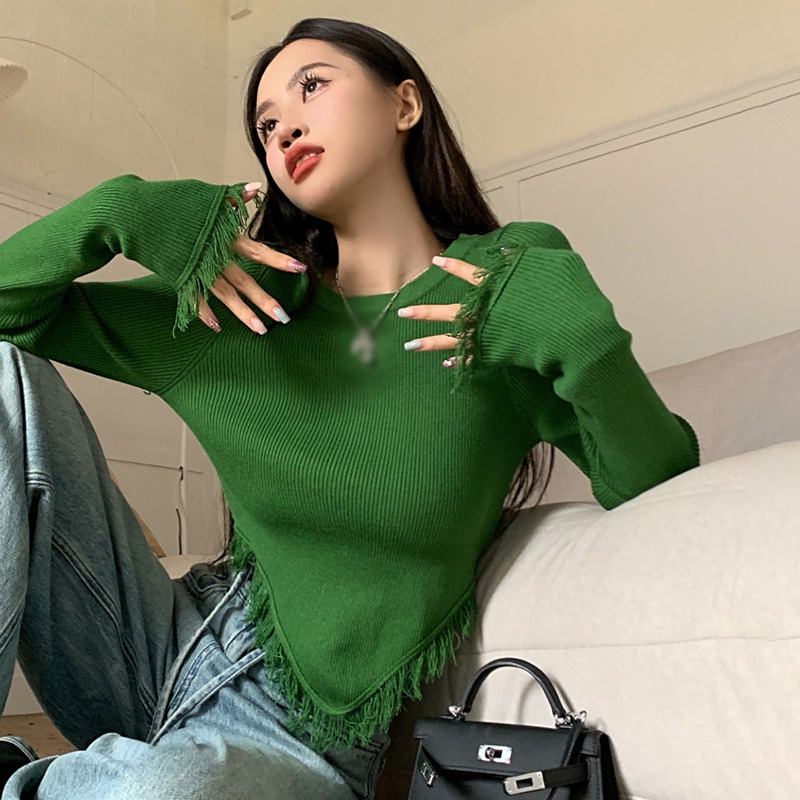 Áo Thun Dệt Kim Mỏng Tay Dài Cổ Tròn Viền Tua Rua Màu Trơn Thời Trang Hàn Quốc Cho Nữ