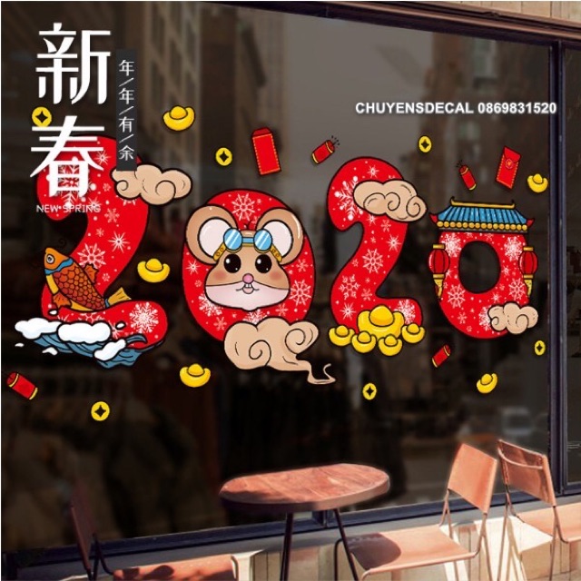 Decal dán tường Tết - 2020 hoa văn đỏ