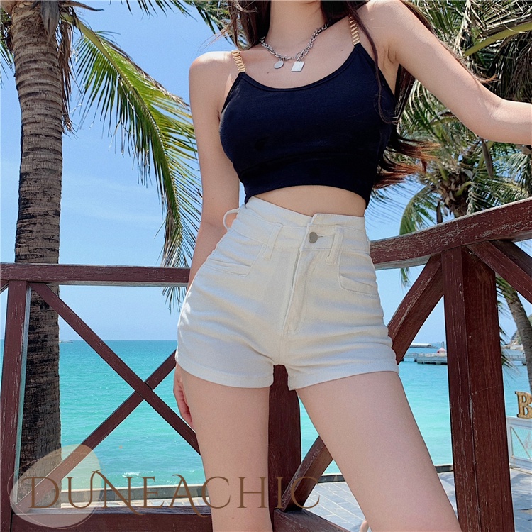 DUNEA Quần Short Denim Lưng Cao Ống Rộng Kiểu Dáng Quyến Rũ Cho Nữ