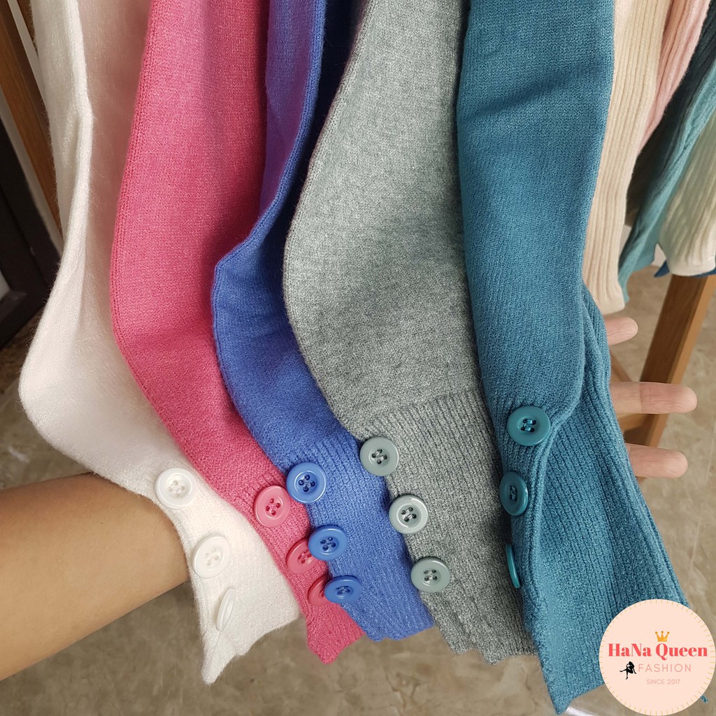 [Xả Kho] Áo len nữ cao cổ xẻ vạt ống tay đính cúc cách điệu