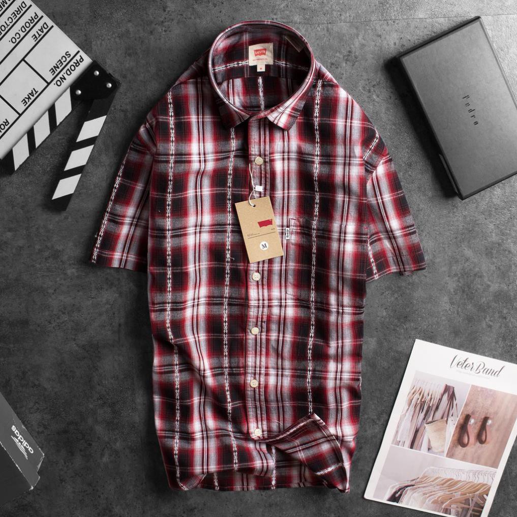 Áo sơ mi nam tay ngắn Levis cao cấp hoa văn thêu màu Đỏ chủ đạo - Phong Cách Doanh Nhân New