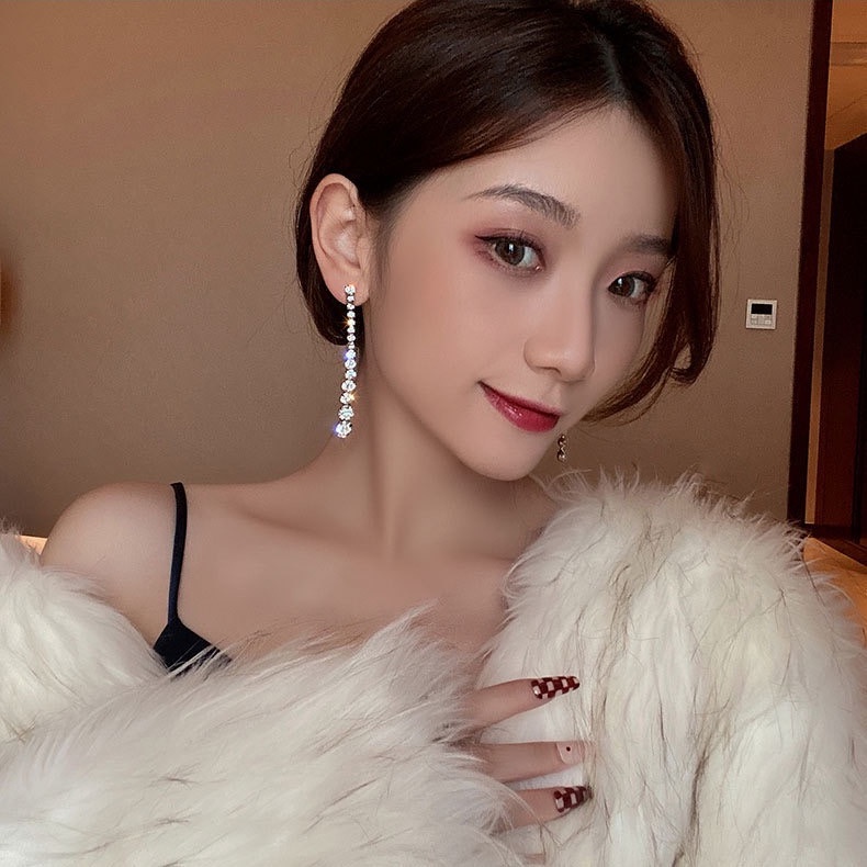 Bông Tai Mạ Bạc 925 Dáng Dài Đính Kim Cương Giả Sang Trọng Cho Nữ