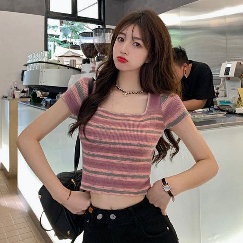 Áo thun XINLANYASHE dệt kim tay ngắn cổ vuông kẻ sọc thời trang mùa hè cho nữ