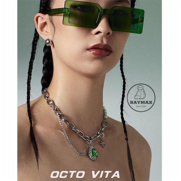 Choker Octo Vita charm đá xanh bọc hoa hồng cao cấp/ Dây chuyền nữ đính đá