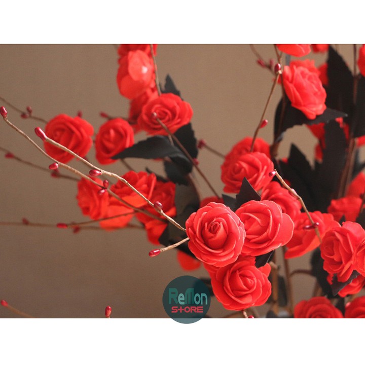 Cành hồng đỏ baby có nụ style vintage retro hoa cao cấp trang trí nhà cửa tiệc cưới, đạo cụ chụp ảnh